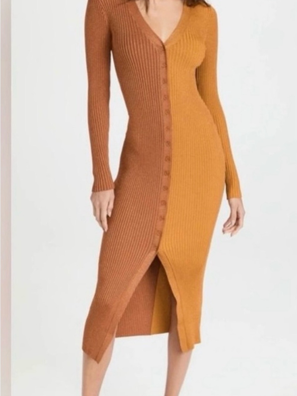 STAUD Two-Tone Ribbed Midi Dress - Rust & Mustard